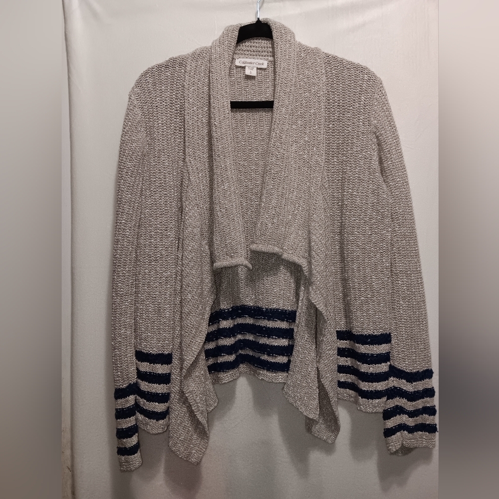 Womens L Coldwater Creek crochet cream  navy blue open cardigan sweater boho com